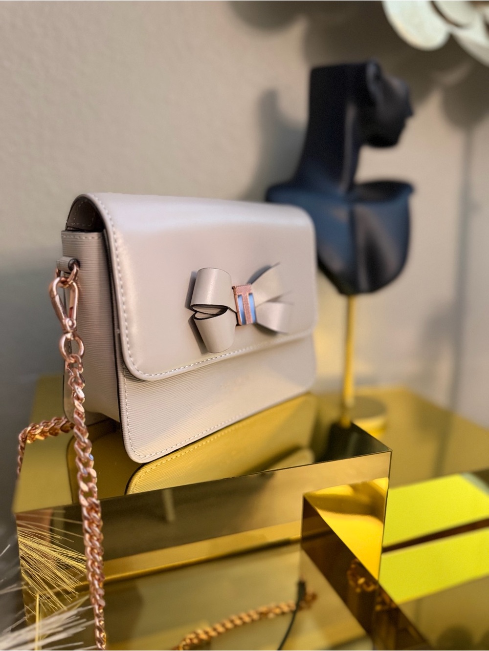 Ted Baker Soft Taupe Bow Detail Crossbody Bag with Rose-Gold Chain